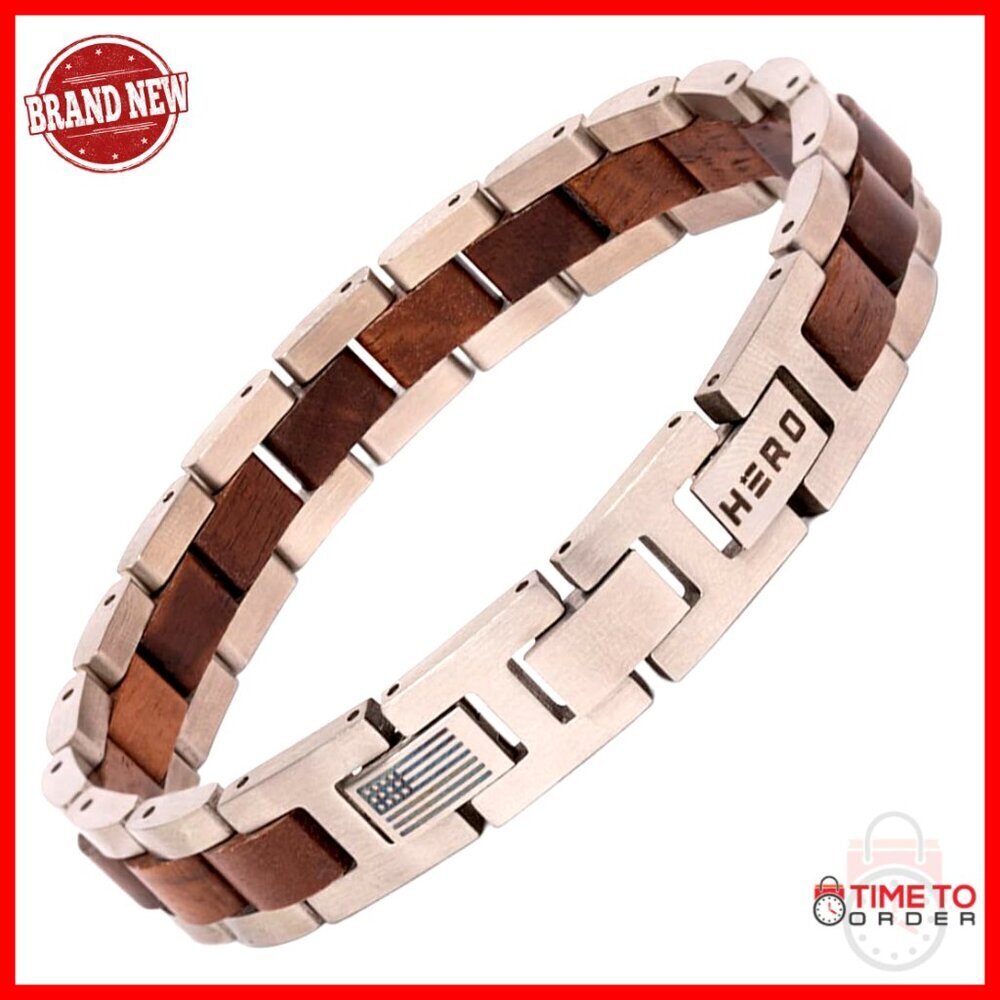 Men's Stainless Steel Wood Link Bracelet Adjustable Rugged Frontier Style